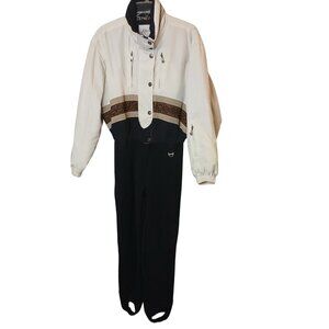 Kaelin Womens Sz 8 White Black Ski Overall Patterned Top Stirrup Pants VTG 90's